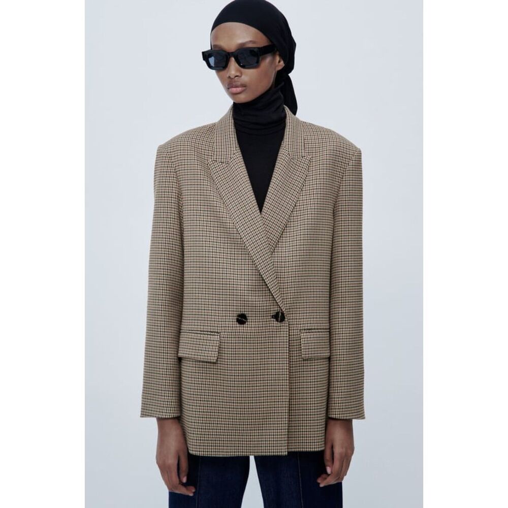 ZARA Double-Breasted Check Blazer, Brown/Black/Beige, Size XS